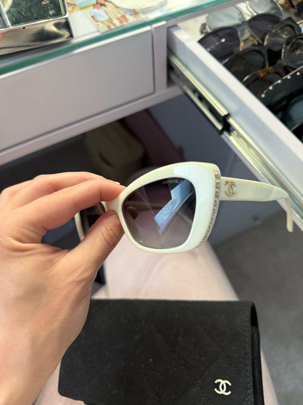CHANEL White Cat-Eye Sunglasses with Pearl Accent and Gold CC
